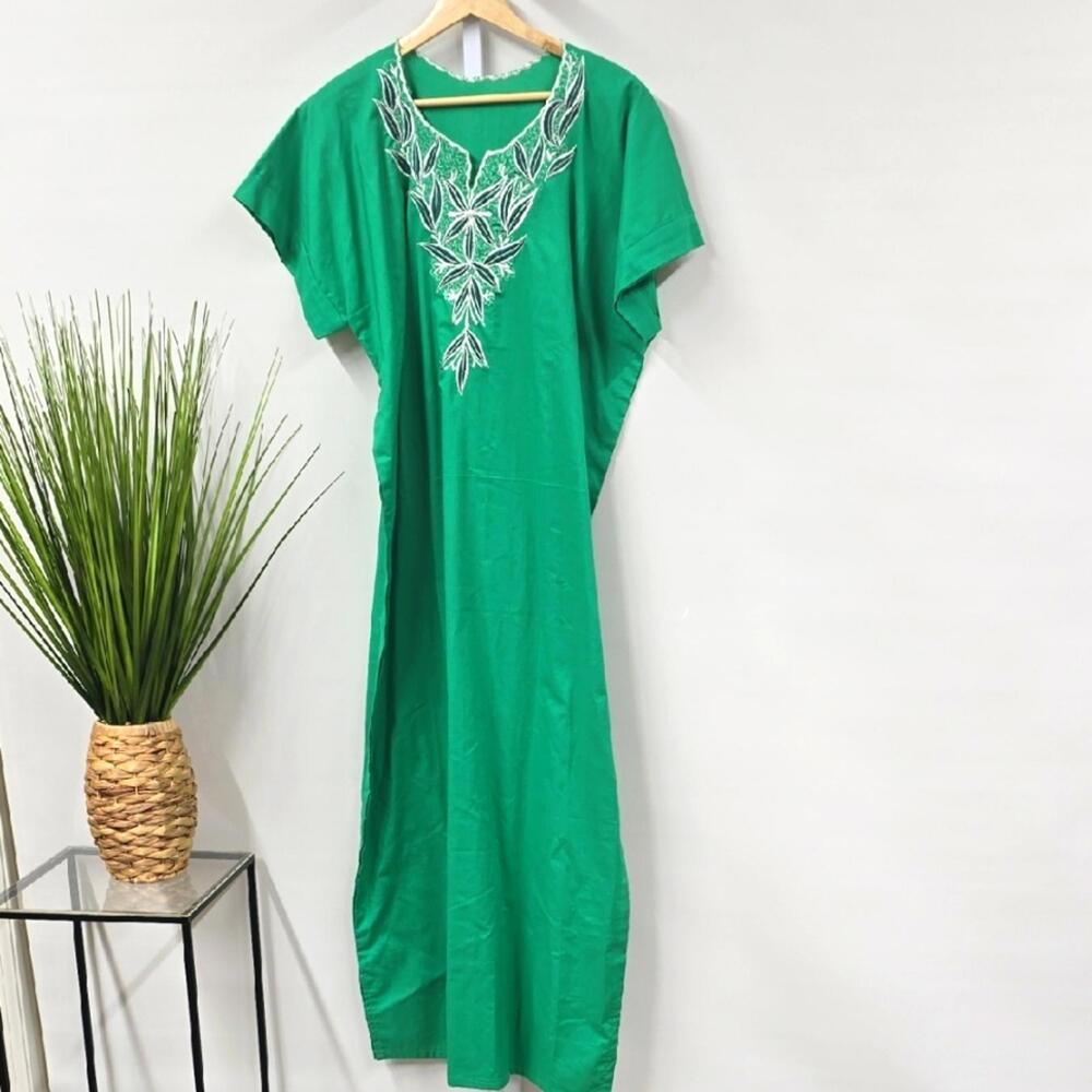 Vintage Green‎ Embroidered Kaftan Maxi Dress Leaf Motif Boho Loungewear Caftan